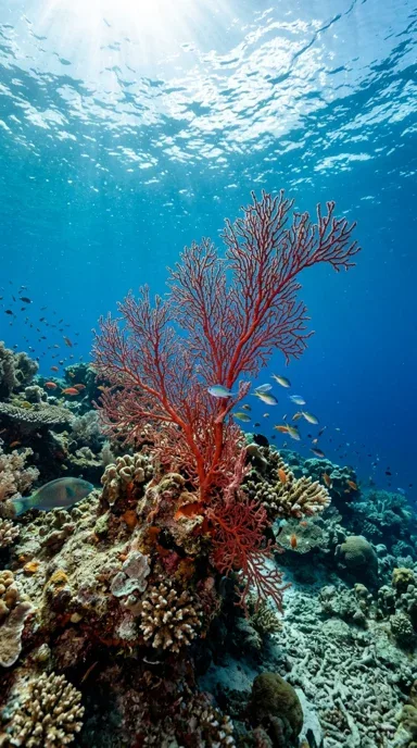 A red sea fan against blue depths.