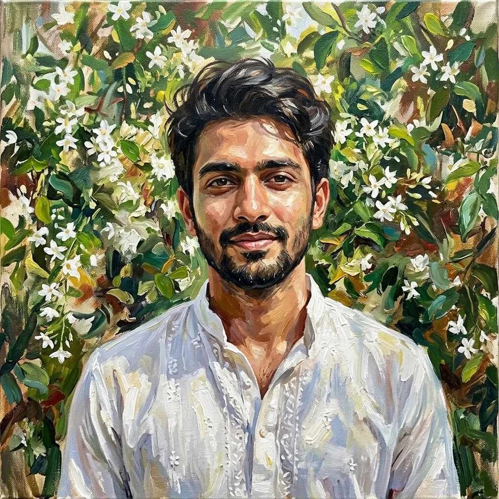 An adult man with white kurta in a jasmine courtyard
