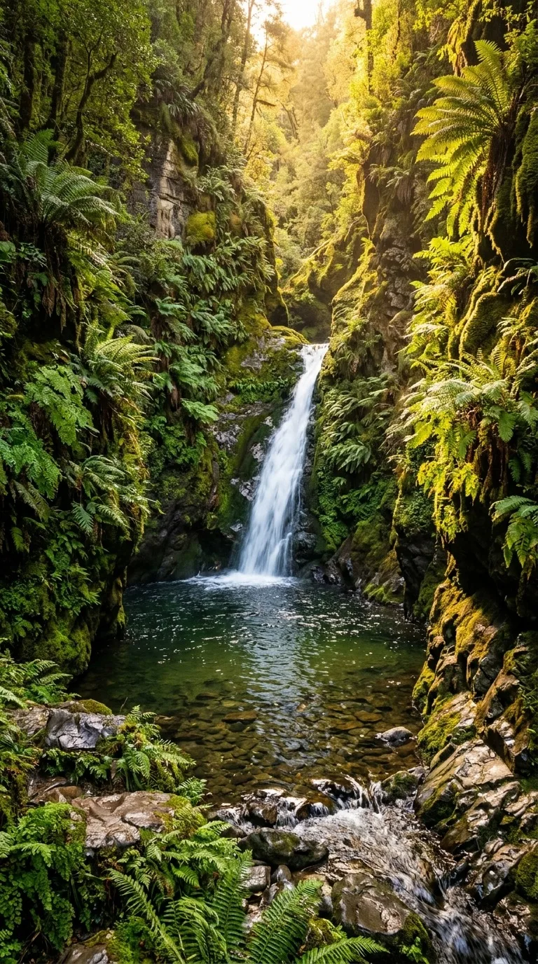 Emerald waterfall in a fern canyon.
