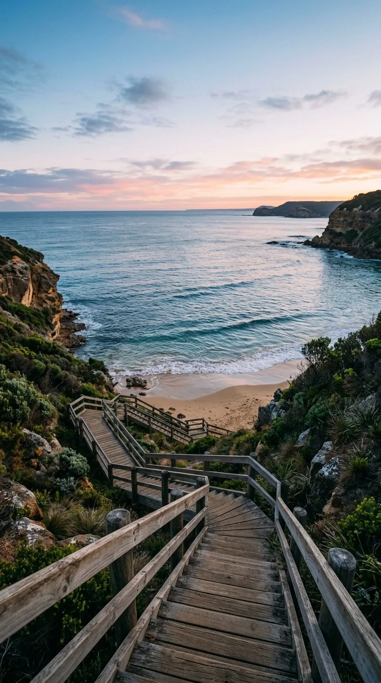 A long coastal stairway leading to a beach.