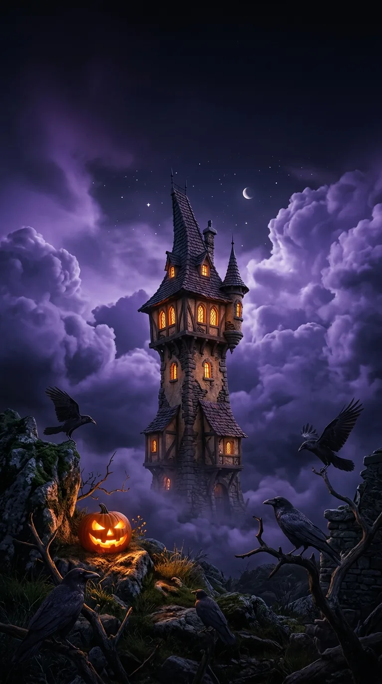 A crooked tower with amber windows rises above violet clouds and black ravens