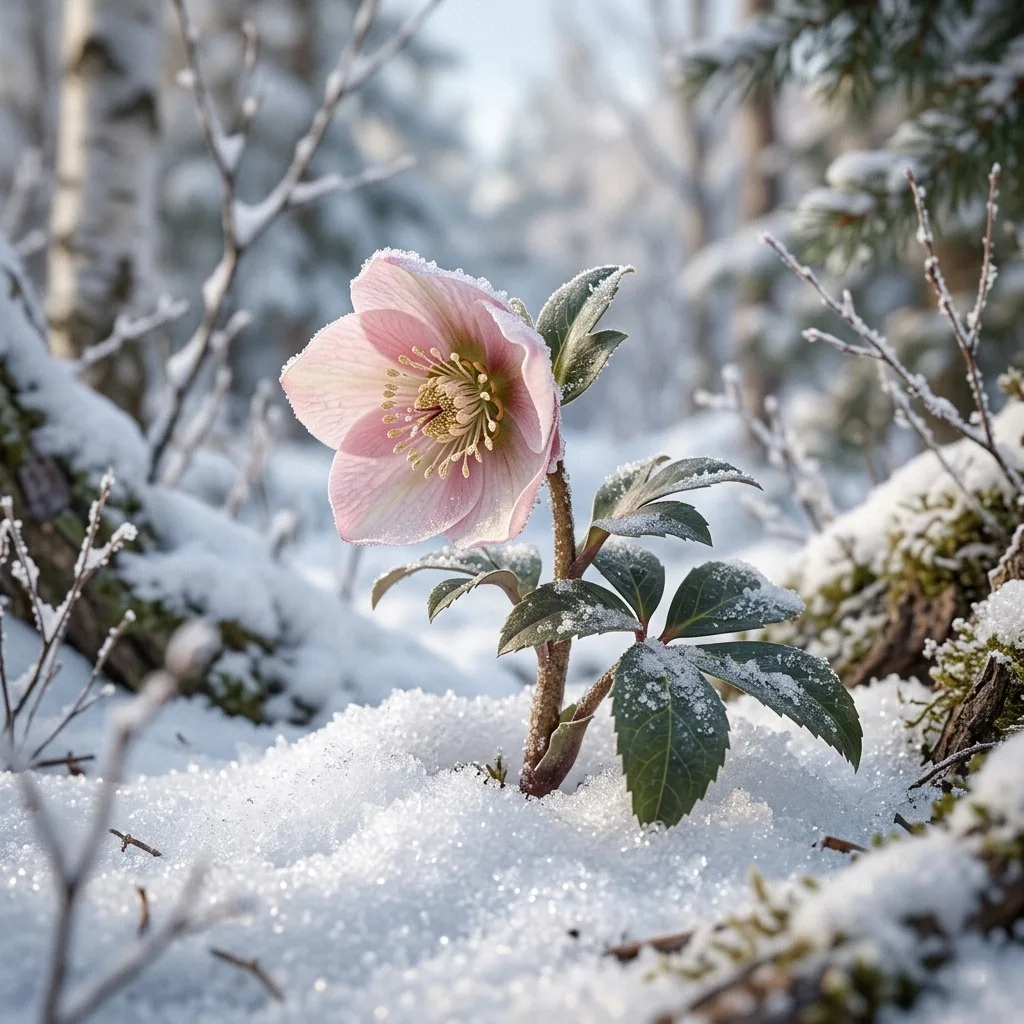 Snow-covered flower beginning to bloom