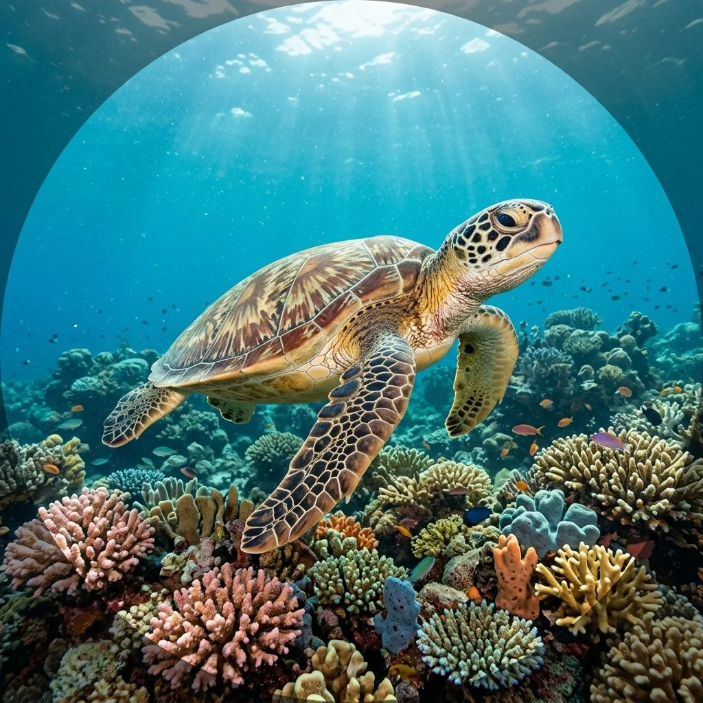 Green sea turtle above a coral garden