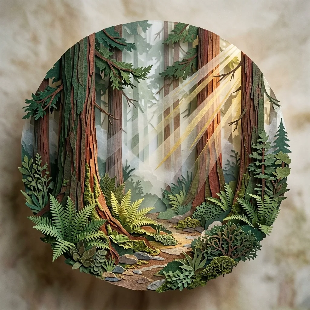 Misty redwood forest with sunbeams