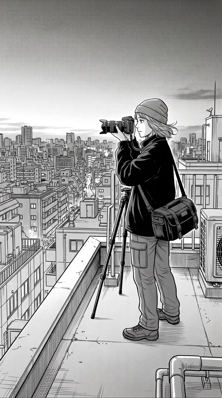 An adult photographer on a rooftop at dusk.