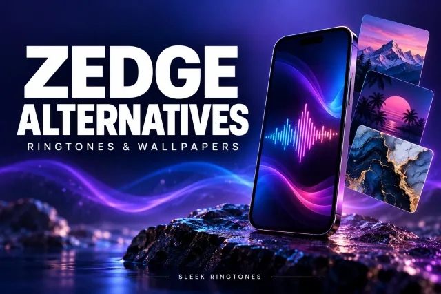 Zedge alternatives guide with a phone, audio waveform and wallpaper cards