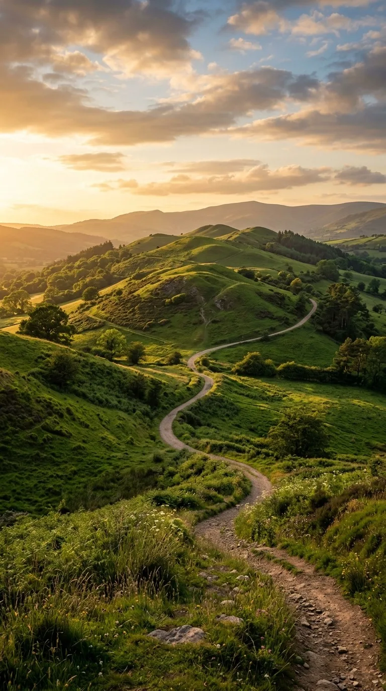 Rolling emerald hills with a winding path.