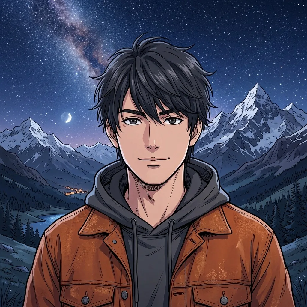 An adult man with rust jacket under a starry mountain sky