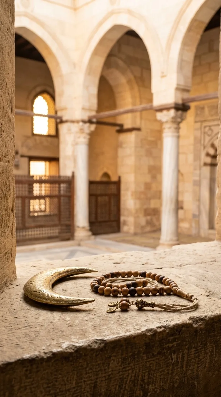 A crescent-shaped brass ornament beside prayer beads.