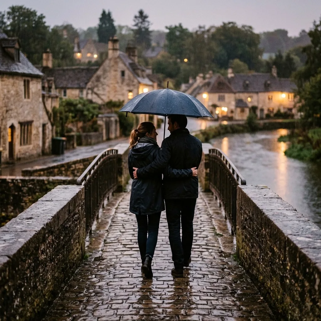Adult couple sharing an umbrella on a rainlit stone bridge