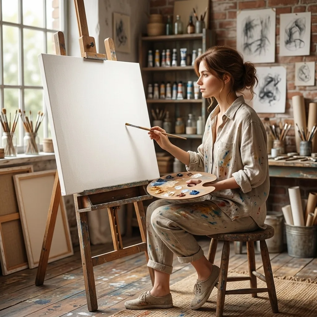 Painter facing a fresh blank canvas