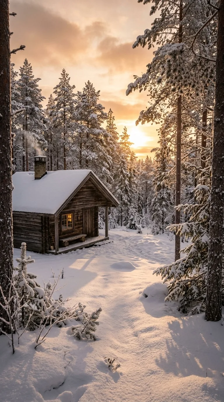 Snowy pine forest with a wooden cabin.