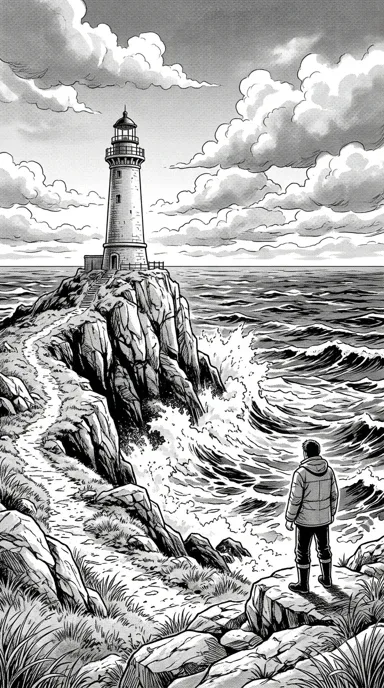 A lone lighthouse above dramatic ocean waves.