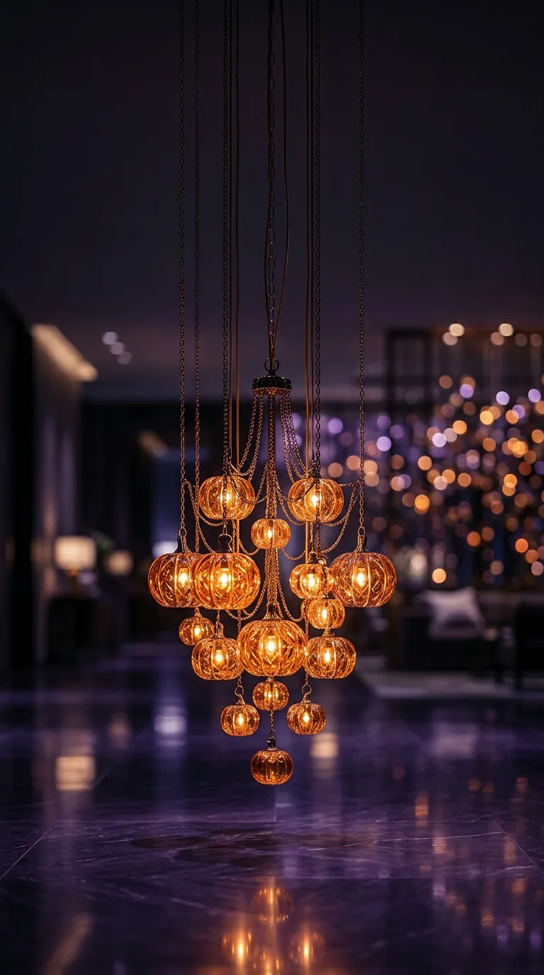 A cluster of glowing glass pumpkin pendants hangs above a reflective purple floor