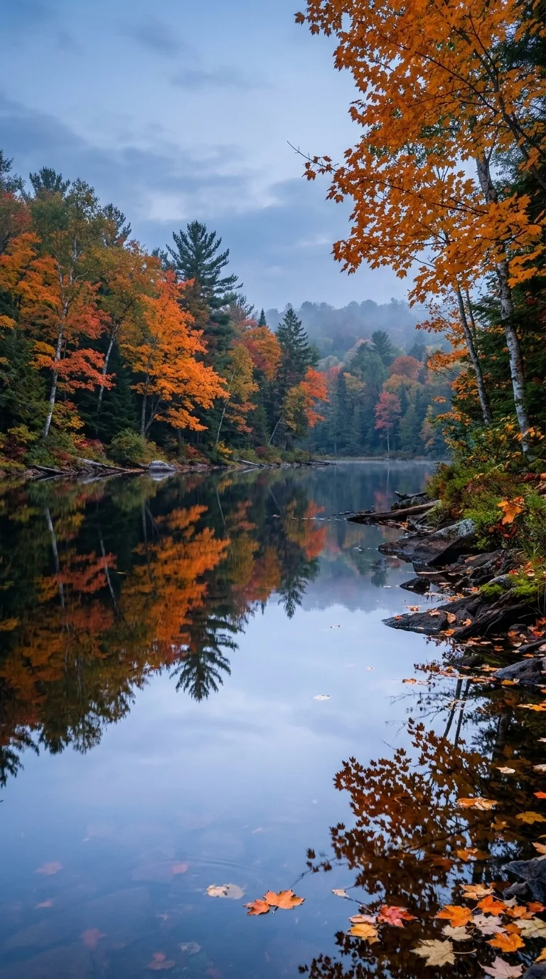 Orange maple leaves reflected in still water.