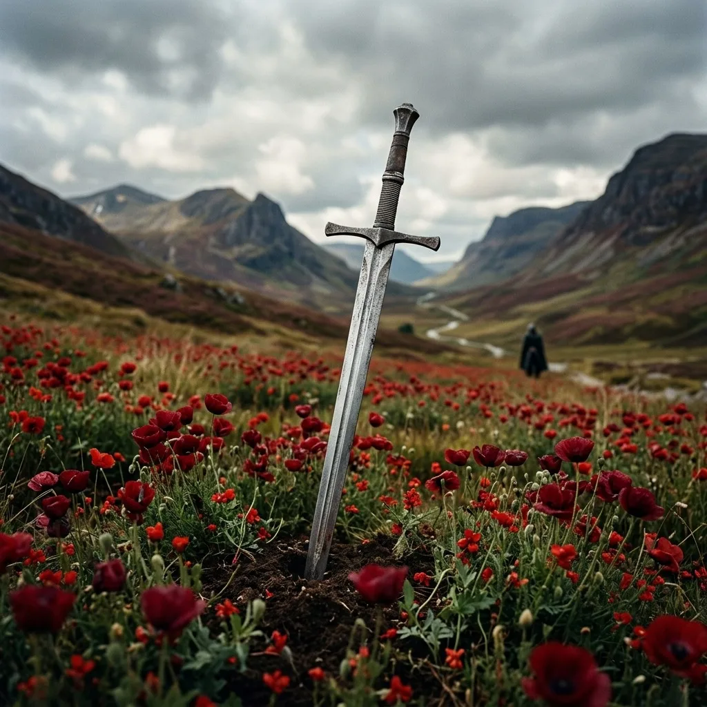 Silver sword planted among red flowers