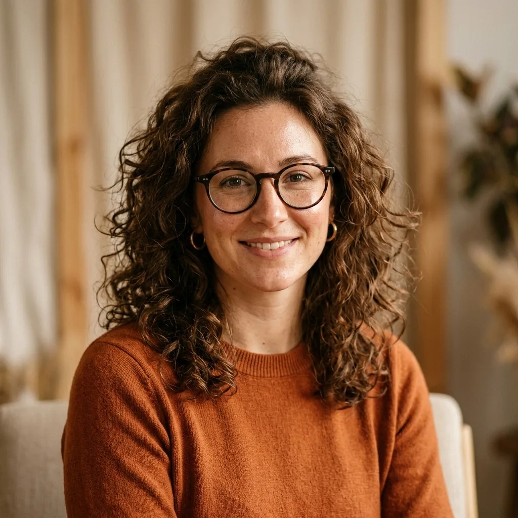 An adult woman with curly hair and round glasses in warm studio