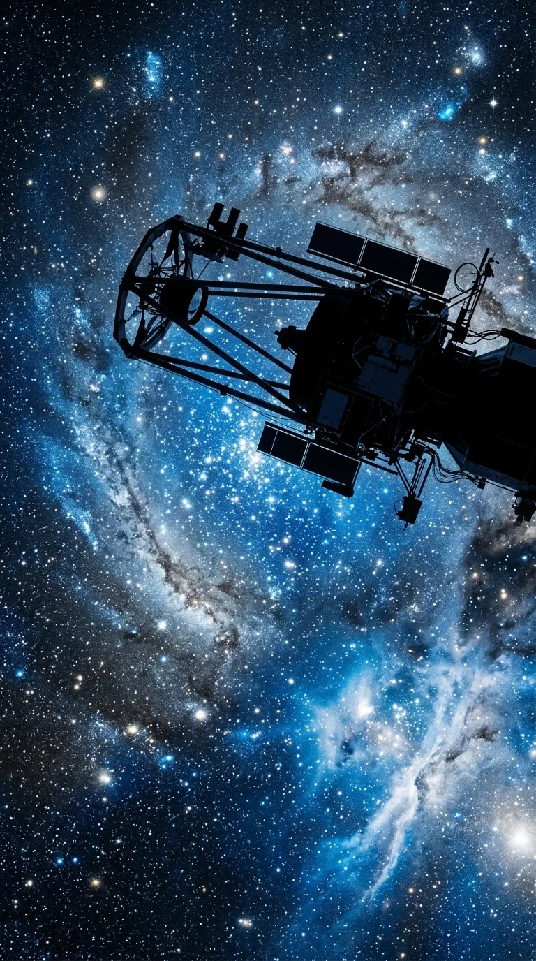 A deep-space telescope silhouetted against stars.