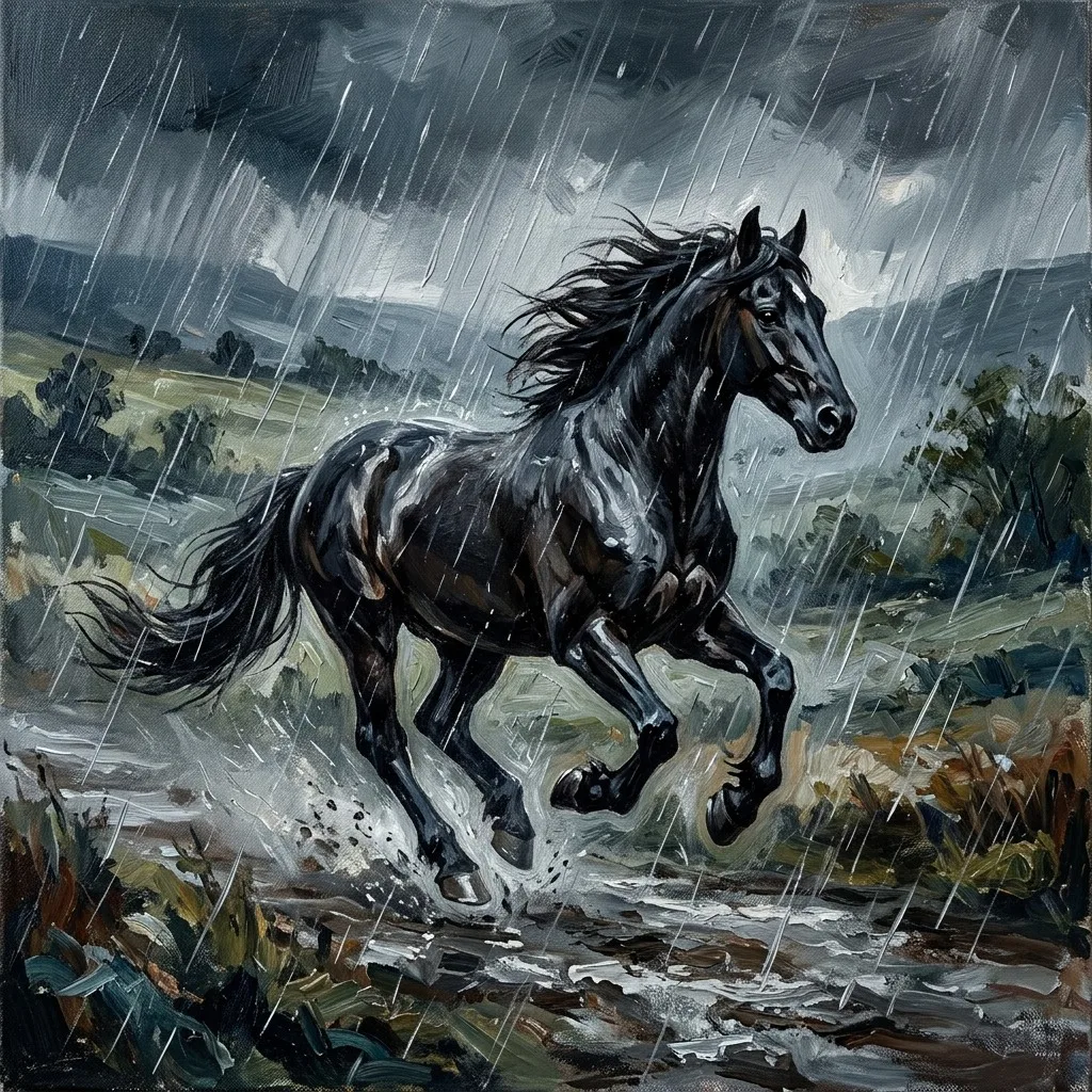 Black horse galloping through silver rain