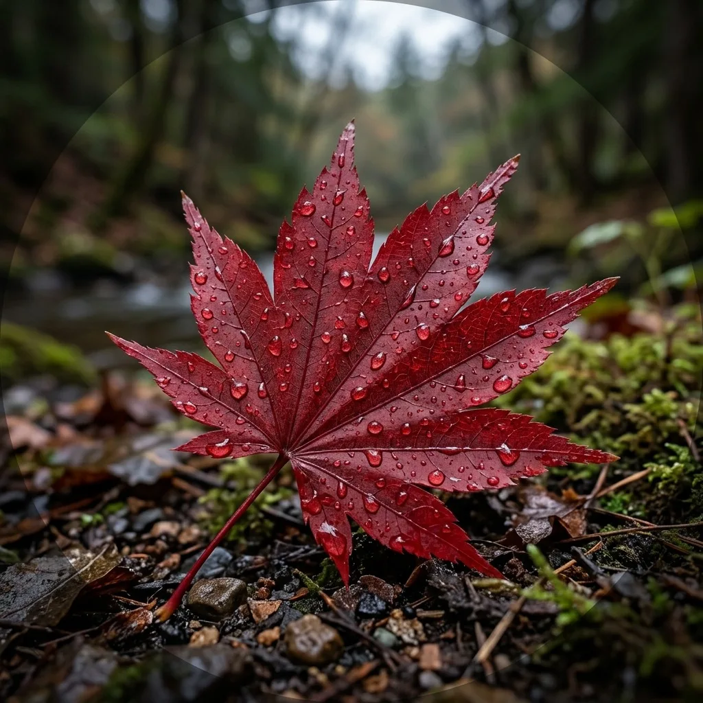 Rain droplets on a crimson maple leaf