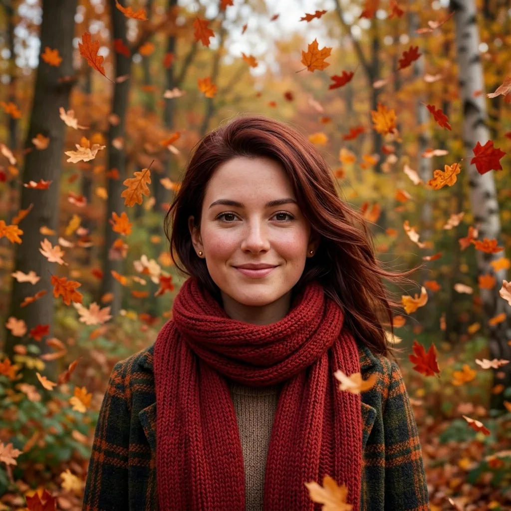 An adult woman with red scarf amid falling autumn leaves