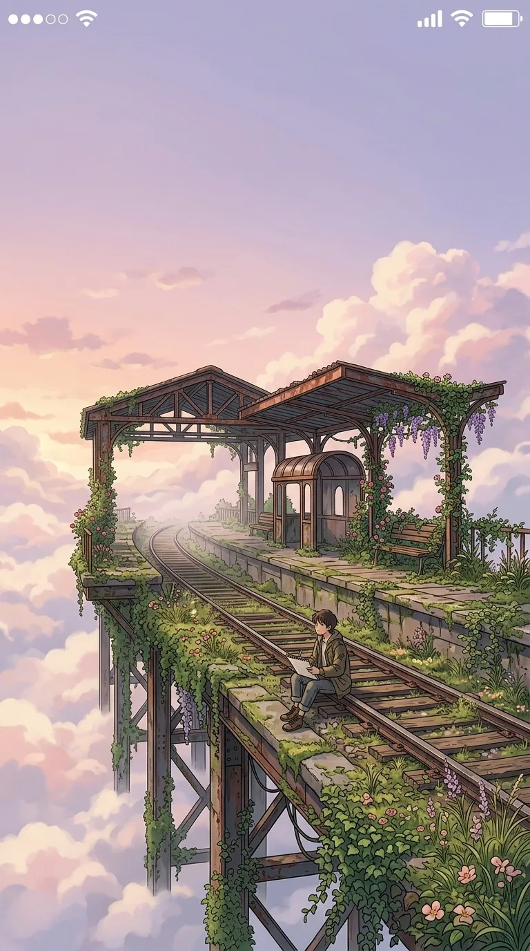 An overgrown elevated railway station suspended among clouds, vines and wildflowers reclaiming the platforms, nostalgic pastel light, no readable signs