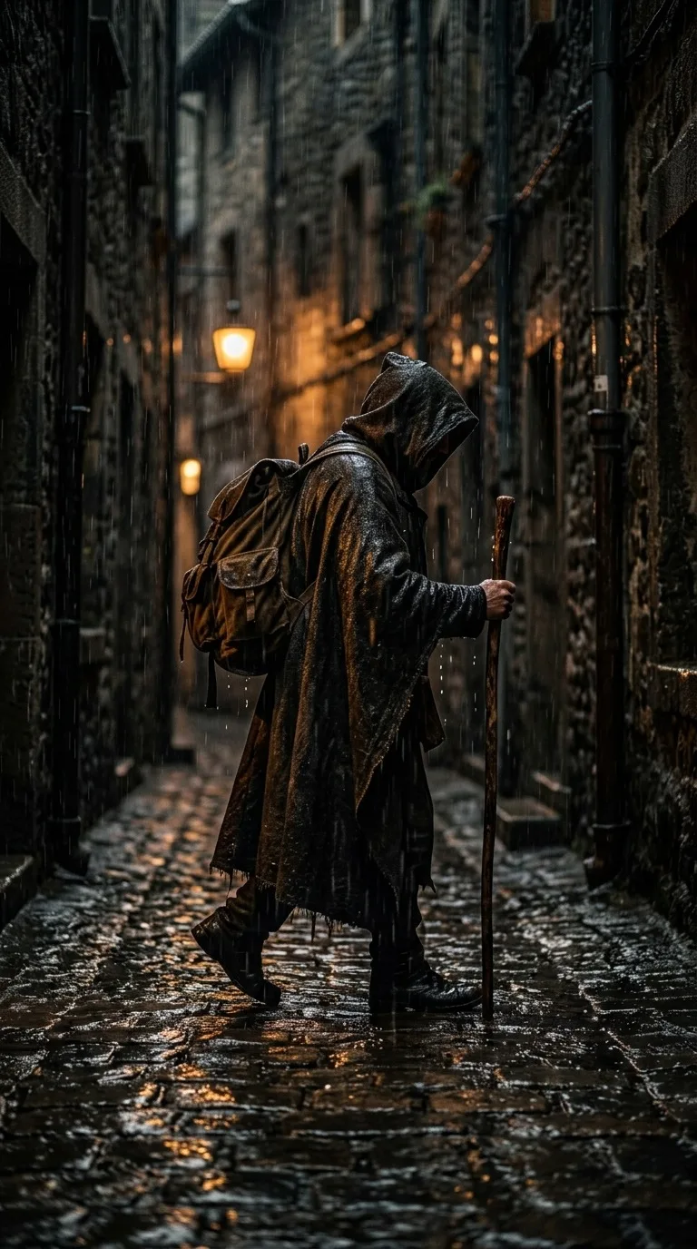 A hooded fictional adult traveler in rain.