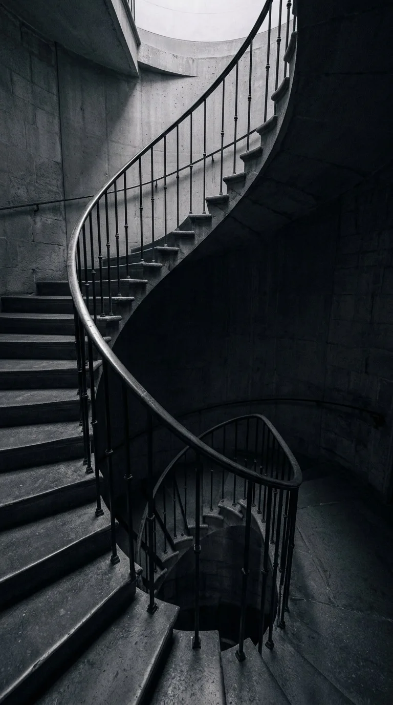 A winding staircase with soft overhead light.