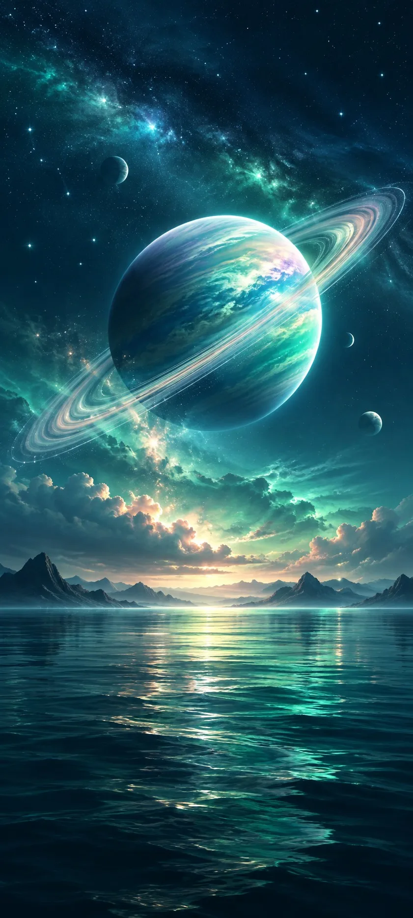 Iridescent jade ringed planet over a dark ocean beneath a starry sky.