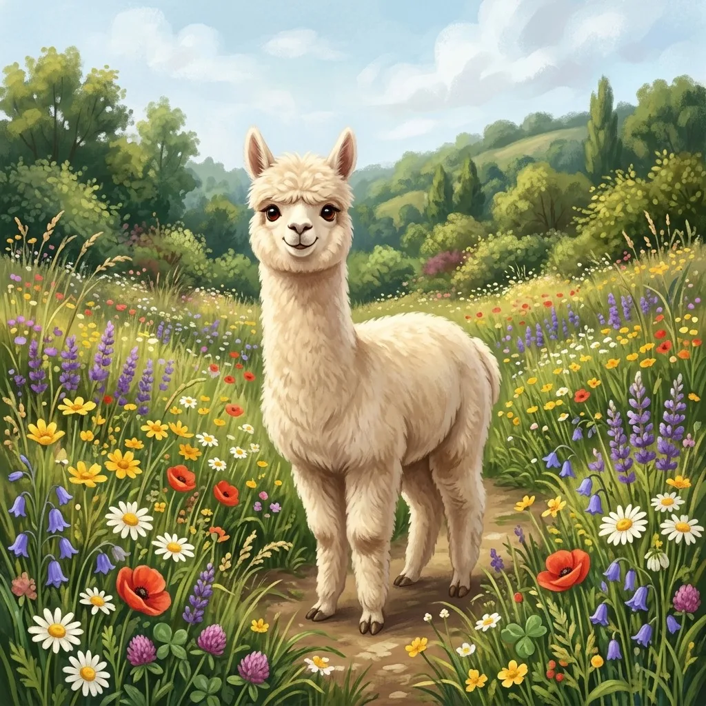 Alpaca in a flower meadow