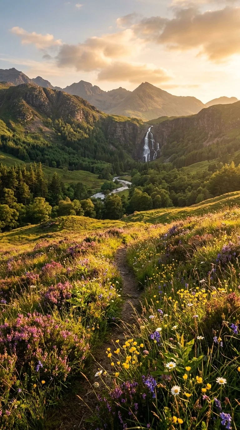Wildflower meadow with a distant waterfall.