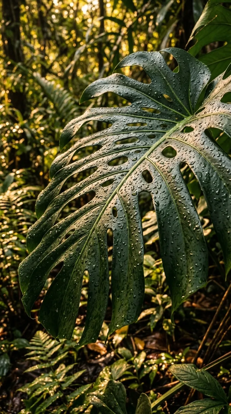 Rain droplets on a deep green monstera leaf.