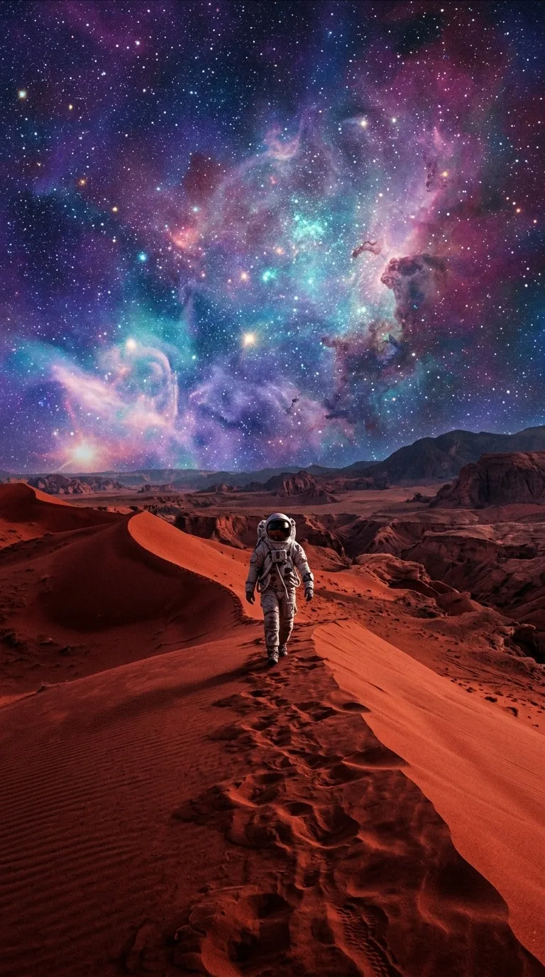 An astronaut walking across a red sand dune.