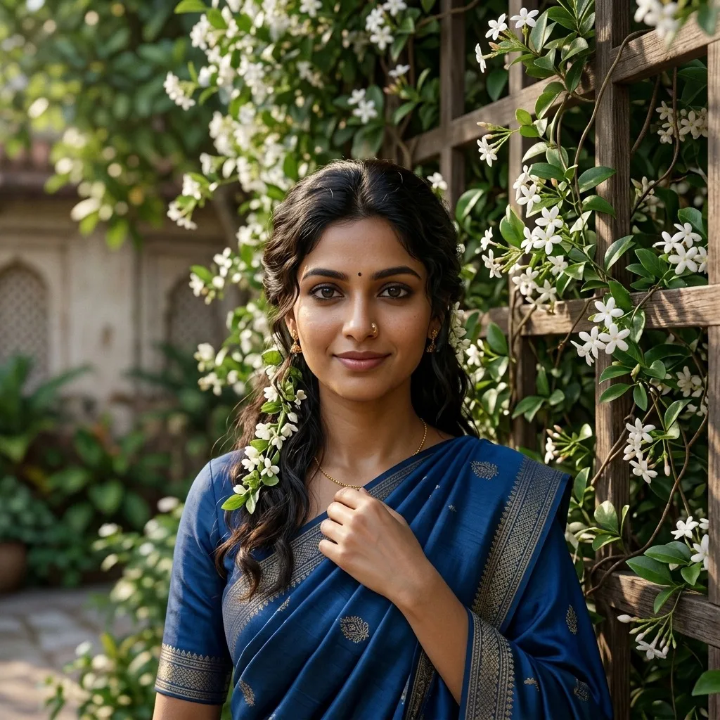 An adult woman with blue sari beside a jasmine trellis