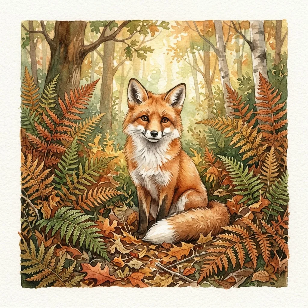 Red fox among autumn ferns