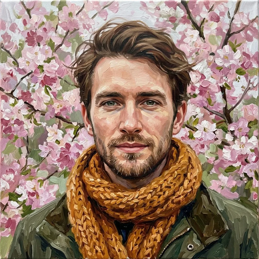 An adult man with ochre scarf under cherry blossoms