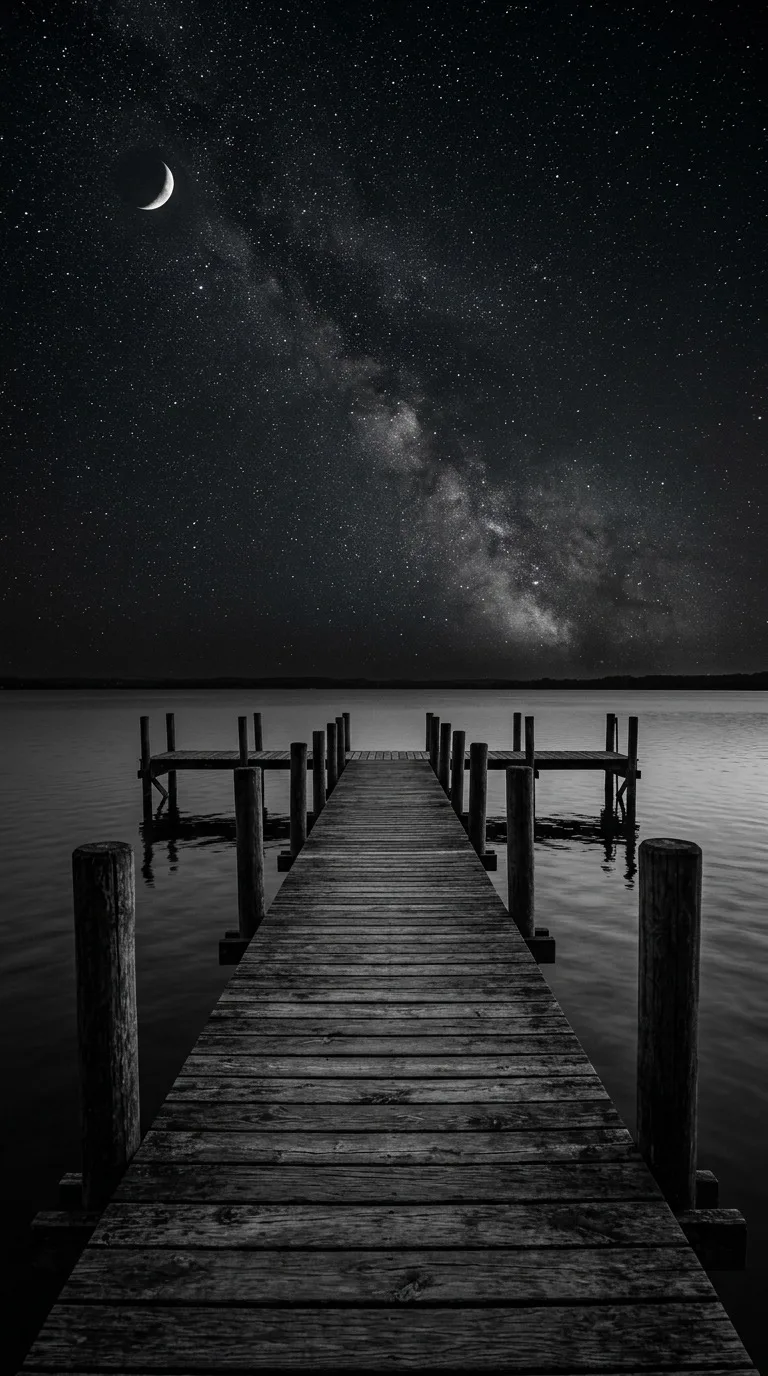 An empty wooden pier under stars.