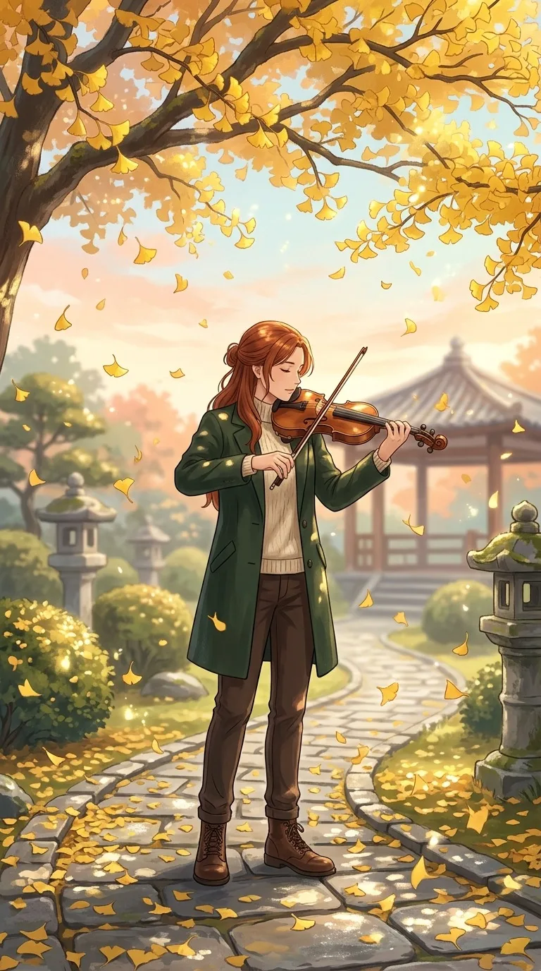 An adult violinist beneath falling ginkgo leaves.