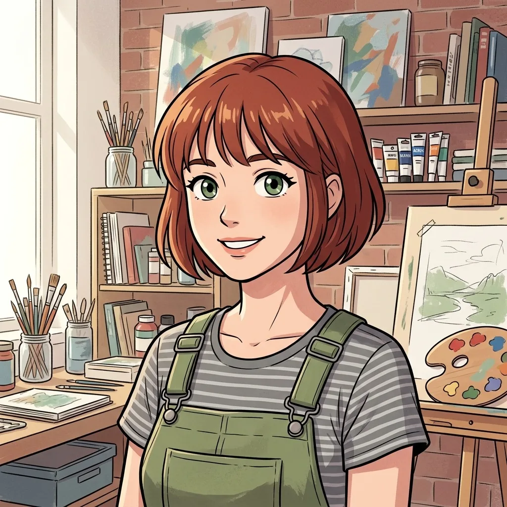 An adult woman with short auburn hair and green overalls in art studio