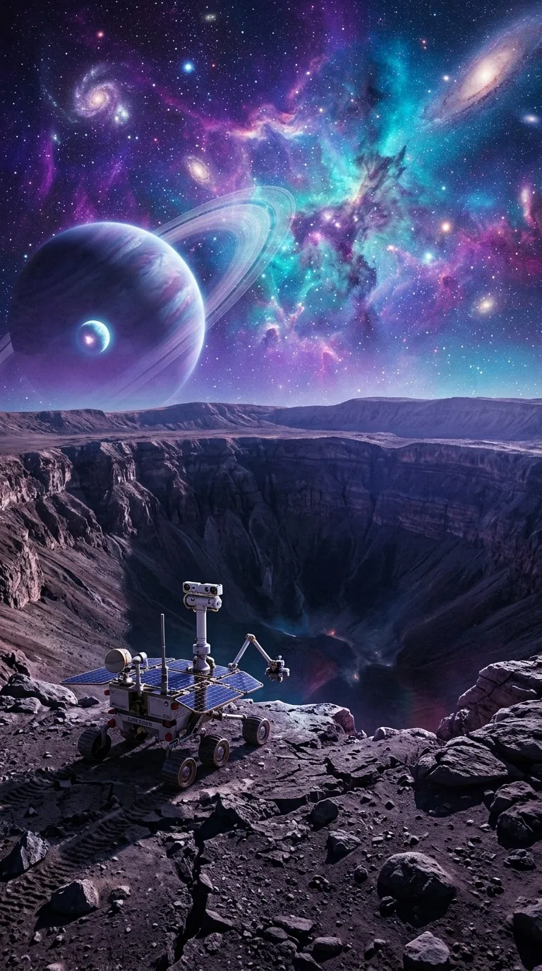 A small rover beside a vast crater.