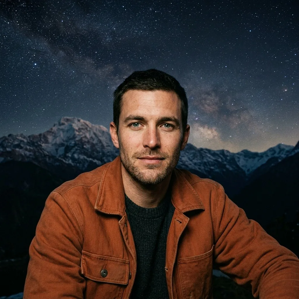 An adult man with rust jacket under a starry mountain sky