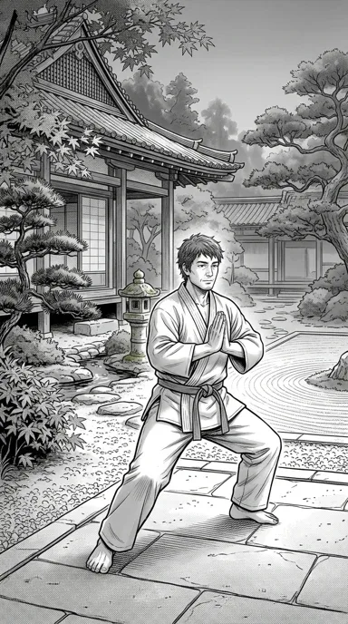An adult martial artist in a peaceful courtyard.