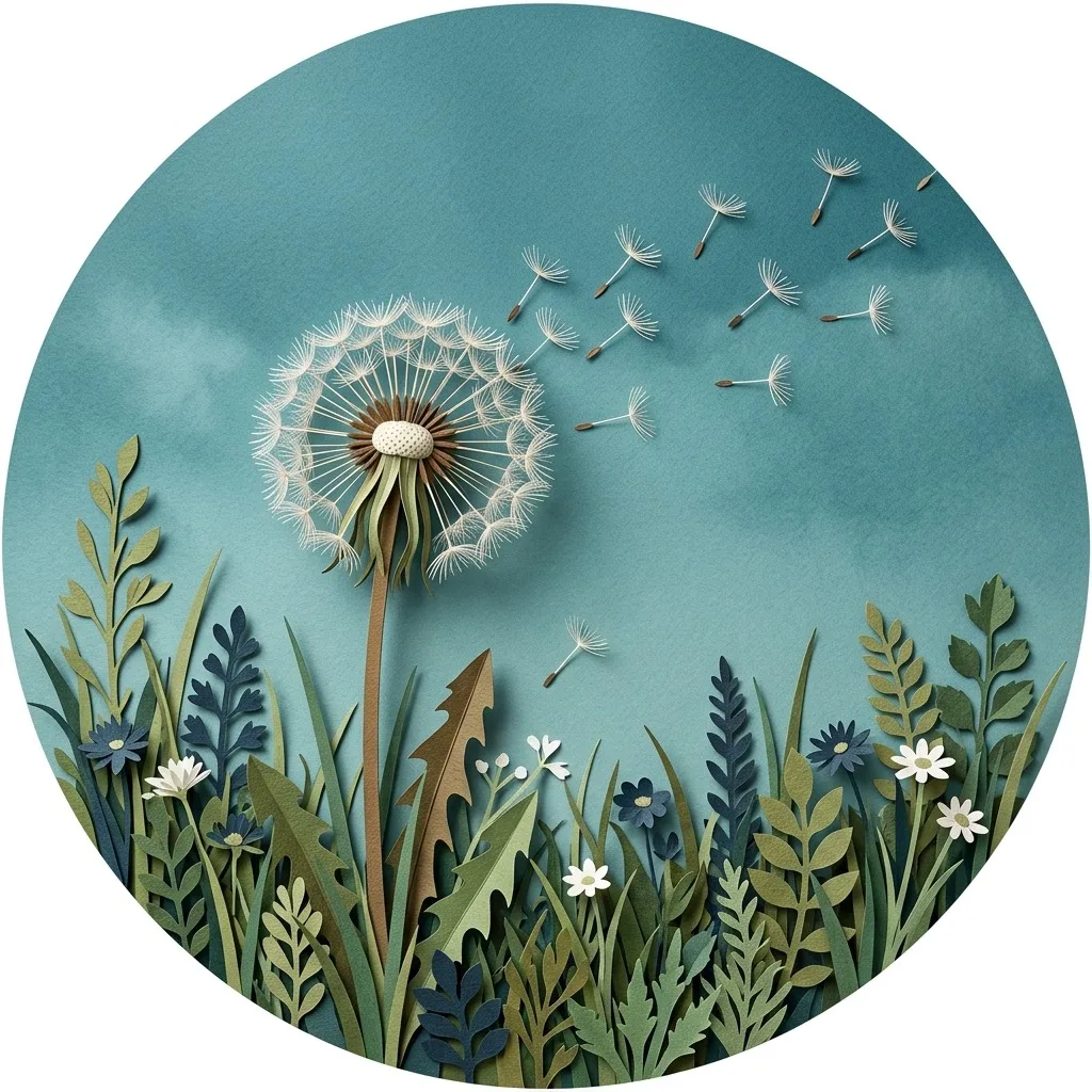 Dandelion seeds drifting against teal sky