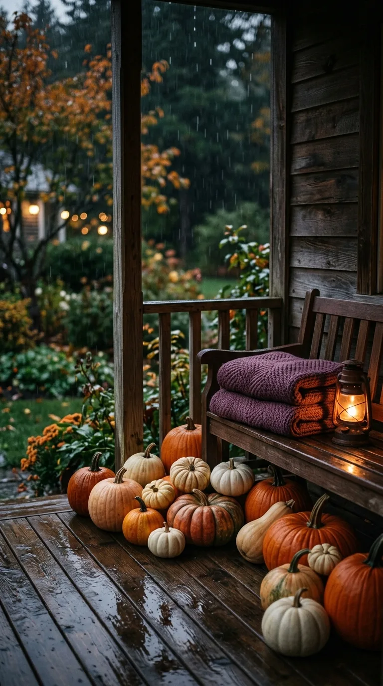 Cream and orange pumpkins sit beside a plum-cushioned bench on a warmly lit wooden porch