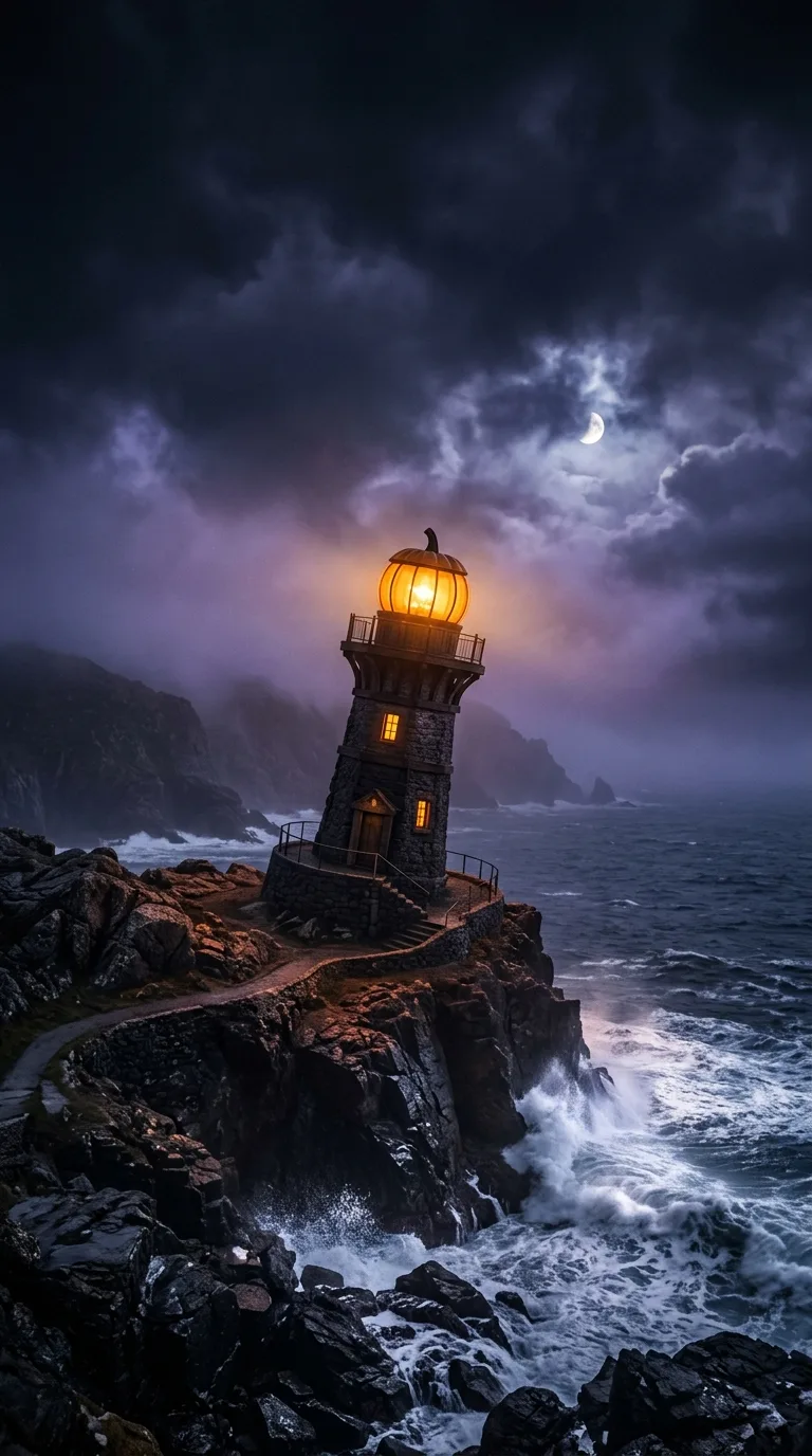 A crooked coastal lighthouse with a pumpkin-shaped lantern room stands above dark crashing waves