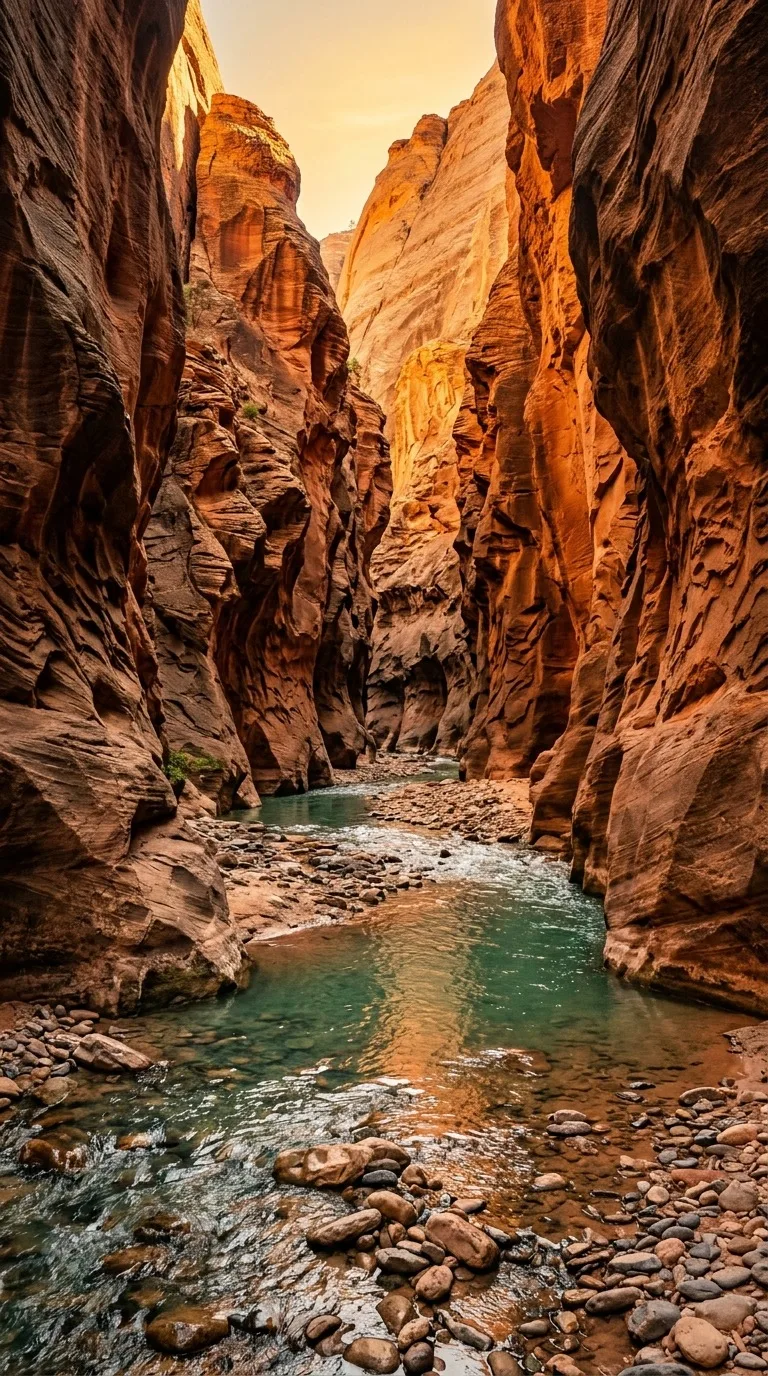 Sandstone canyon with a narrow river.
