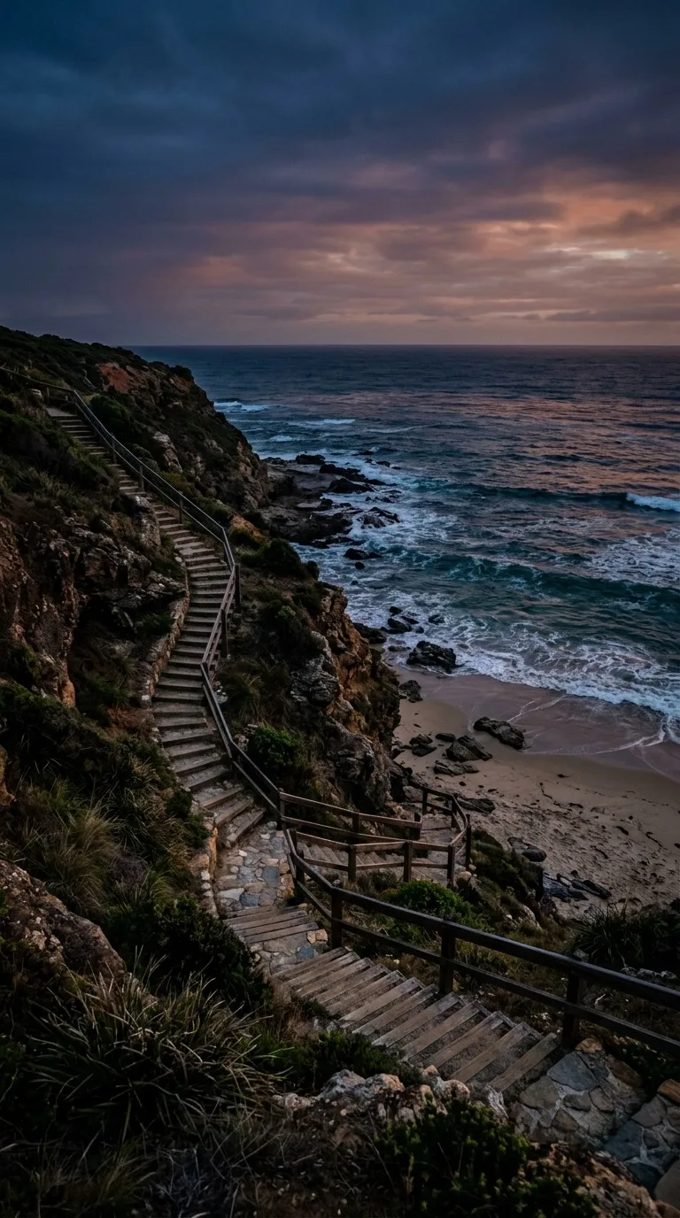 A long coastal stairway leading to a beach.