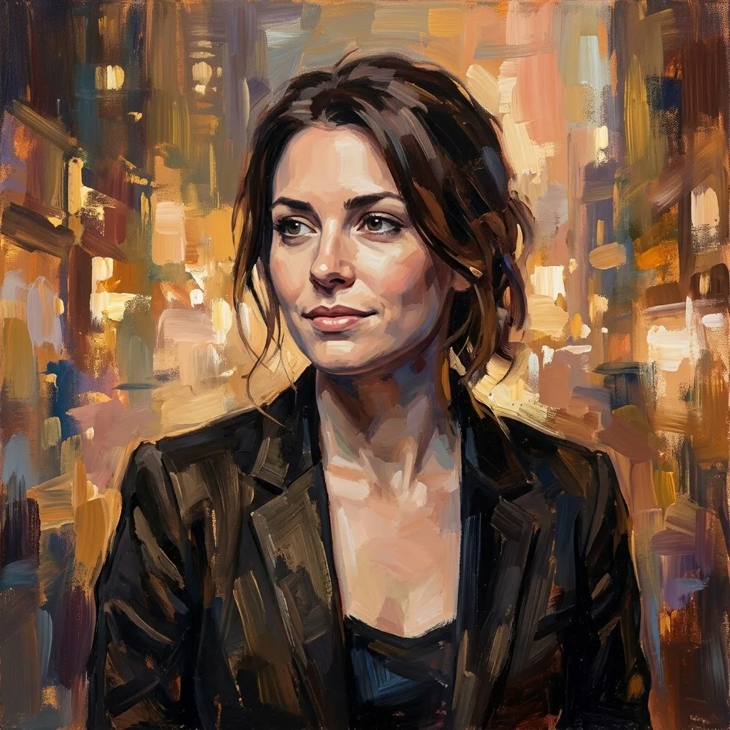 An adult woman with black blazer against amber city lights