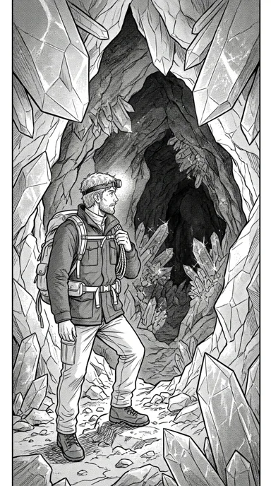 An adult explorer at the entrance to a crystal cave.