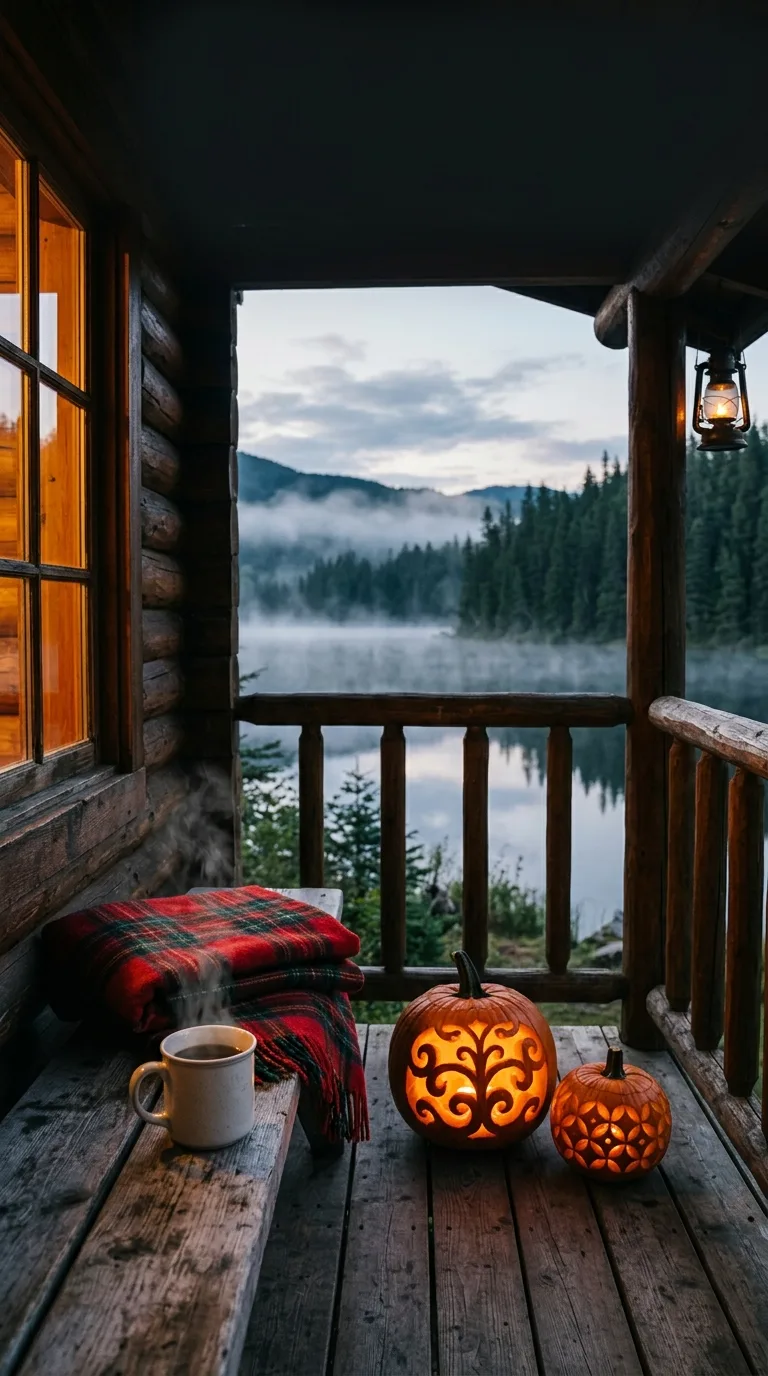 A rustic cabin porch holds pumpkins, a mug and a plaid blanket overlooking a still lake